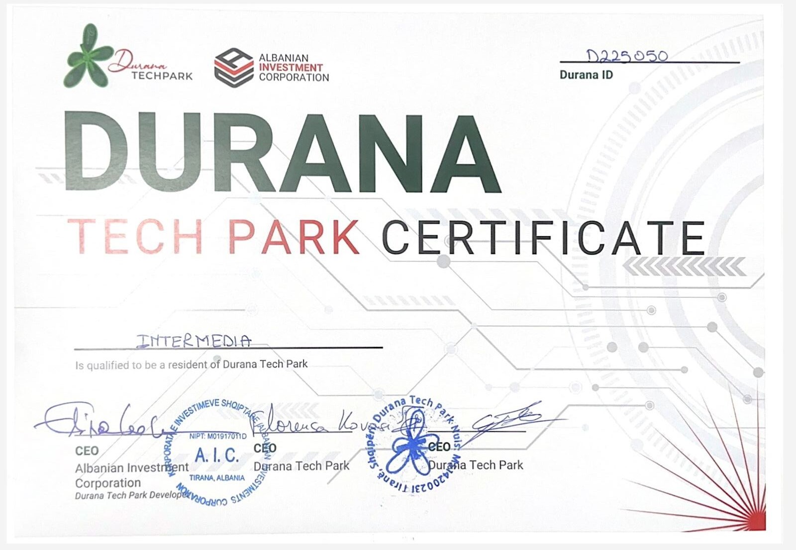 Durana Park Certeficat